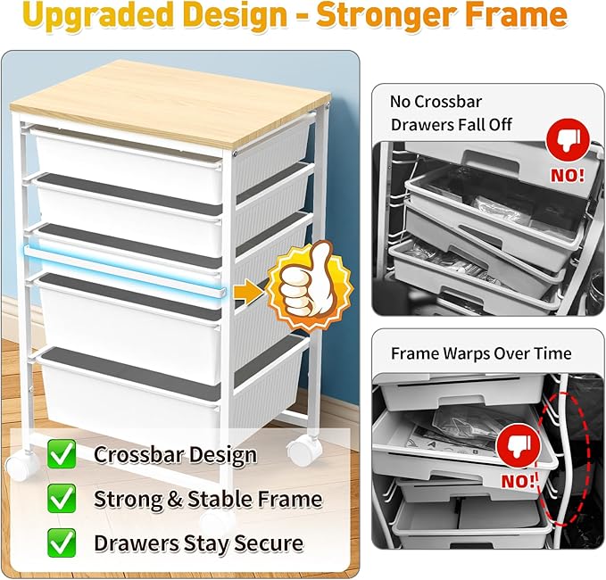 SUNALLY Rolling Carts With 5 Drawers, Storage Drawer Carts with Wooden Tabletop - Image 3