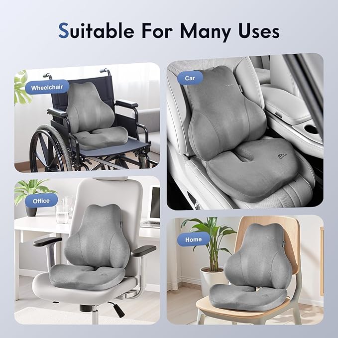 Coverado Memory Foam Car Seat Cushion and Lumbar Support Pillow for Car, Ergonomic Office Chair Cushion for Lower Back Pain Relief, Breathable & Non-Slip for Car, Home, and Office Use, Gray-DeskLoop Office