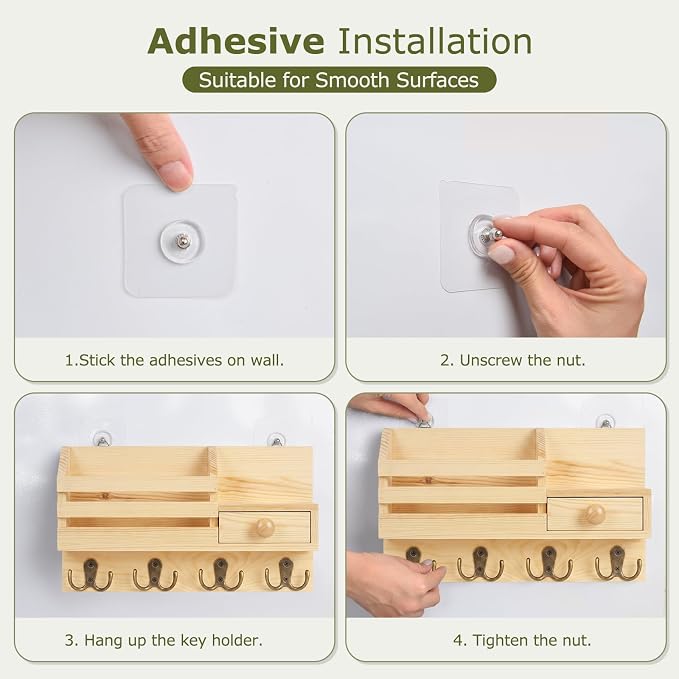 Key Holder Wall Mount, Wooden Adhesive Mail and Key Organizer - Image 7