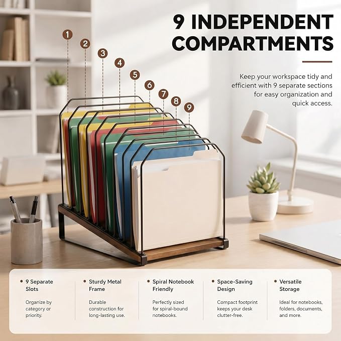 Novabright 1 Pack Inclined Desk File Organizer 9 Section Metal Vertical Folder - Image 3