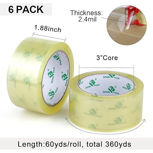 BOMEI PACK 6Rolls Clear Yellowish Packing Tape Refills, 2.4 Mil 1.88 Inch x 60 Yards, Packaging Tape with Dispenser for Moving, Shipping and Storage-DeskLoop Office