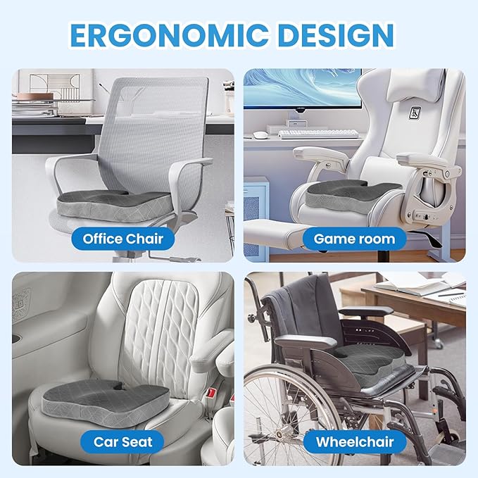 TushGuard Office/Car Seat Cushion, Non-Slip Sciatica & Back Coccyx Tailbone Pain Relief Chair Pad, Memory Foam Butt Pillow for Computer Desk, Wheelchair, Driving (Black&Grey, X-Large)-DeskLoop Office