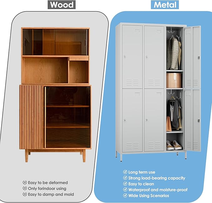 6 Doors Metal Locker with Business Card Holder,Metal Locker for Employees with 18 Hooks for School Garage Office Gym Home,Assembly Required,Light Grey-DeskLoop Office