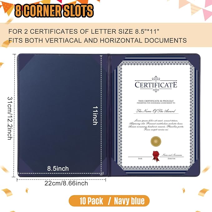 Tenare 10 Pcs Navy Blue Leather Certificate Holder 8.5 x 11 PU Phd Bachelor - Image 2