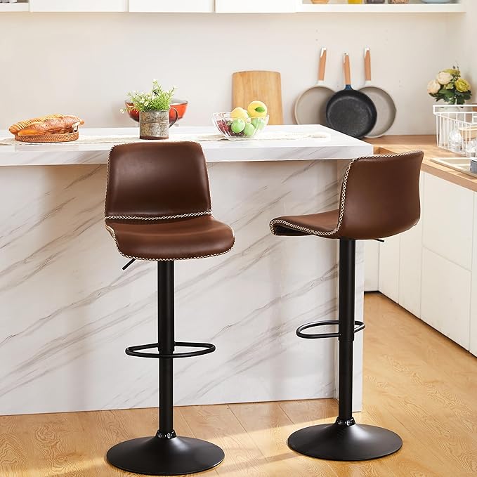 HeuGah Bar Stools Set of 3, Swivel Counter Height Barstools with Back, Adjustable Height 24" to 32", Brown Faux Leather Bar Chairs for Kitchen Island (Brown, Set of 3 (24'' to 32''))-DeskLoop Office