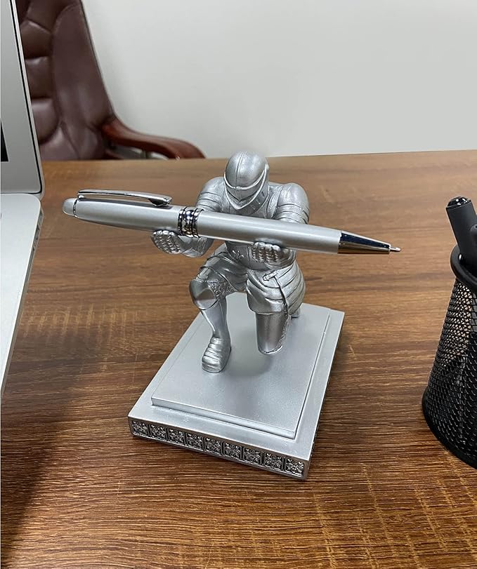 Executive Knight Pen Holder with A Cool Pen, Home Office Desk Organizers Decor Resin Pen Holder, Christmas Gift Idea for Dad, Uncle, Man, Boyfriend, Friends Silver-DeskLoop Office