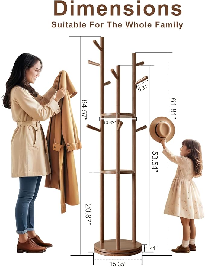 Solid Wood Rotary Coat Rack, Freestanding Coat Rack with 3 Shelves and 9 Hooks, Coat tree for Bedroom, Entryway, Livingroom, Coat Hanger Stand for Coats, Scarves, Handbags (Walnut)-DeskLoop Office