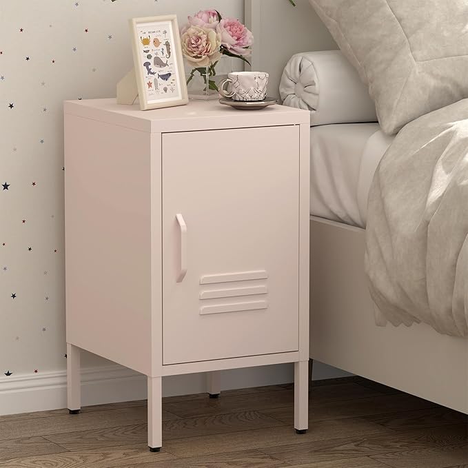 Metal Cabinet,Locker Nightstand with Shelf,Metal Storage Locker,Steel Bedside Storage Cabinets for Living Room Bedroom,Pink-DeskLoop Office