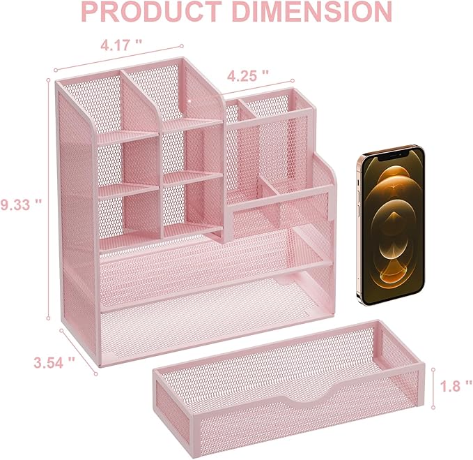 Marbrasse Mesh Desk Organizer with Drawer, Multi-Functional Pencil Organizer, 12 Compartments, Pink, Modern, Minimalist-DeskLoop Office