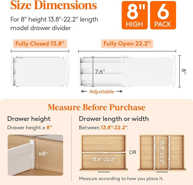 Lifewit 8" Tall 6 Pack Drawer Dividers, 13.8"-22.2" Adjustable Deep Drawer - Image 3