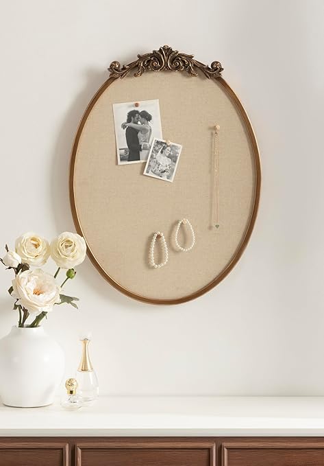 Kate and Laurel Arendahl Decorative Oval Pinboard, 18 x 24, Gold, Framed Round Ornate Vintage Cork Board for Use as Motivational Vision Board or Wall Organizer-DeskLoop Office