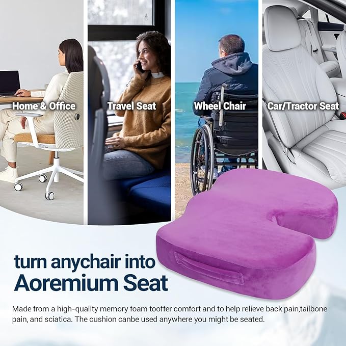 Gel Seat Cushion for Car Office - Memory Foam Pain Relief Chair Pillow Cushions - Tailbone Sciatica Coccyx Butt Lumbar Support Pad for Sitting Driving Traveling, Velvet, Purple-DeskLoop Office