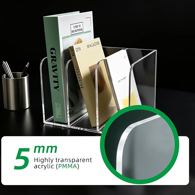 3-Slot Clear Acrylic Magazine File Holder – Vertical Desk Organizer - Image 3