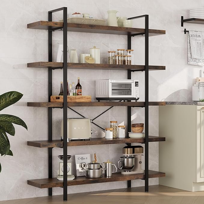 Heavy Duty 5-Tier Industrial Bookcase, 47" Wide Wood Bookshelf for Home Office, 120lbs Shelf Capacity, Rustic Open Shelving Display with Reinforced Horizontal Shelf for Living Room Bedroom-DeskLoop Office