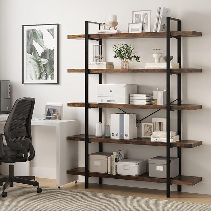 Heavy Duty 5-Tier Industrial Bookcase, 47" Wide Wood Bookshelf for Home Office, 120lbs Shelf Capacity, Rustic Open Shelving Display with Reinforced Horizontal Shelf for Living Room Bedroom-DeskLoop Office