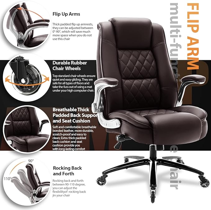EZAKI High Back Office Chair-Flip-up Arms Executive Computer Desk Chair, Built-in Lumbar Support Thick Padded Adjustable Rock Tension Ergonomic Design for Back Pain (Brown)-DeskLoop Office