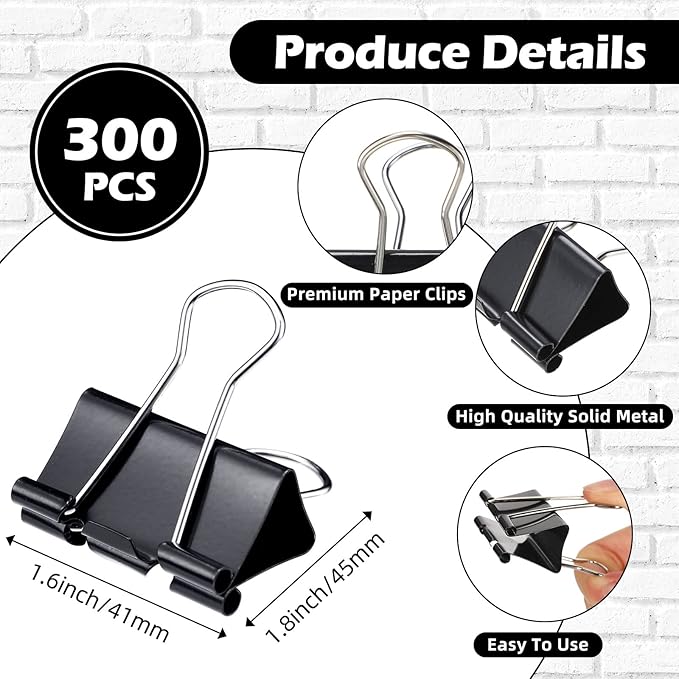 Yexiya 300 Pcs Large Binder Clips Bulk Big Paper Clamps Office Supplies Paper Clamps for Teachers Students School Office Business Paperwork Supplies (Black, 1.61 Inch)-DeskLoop Office