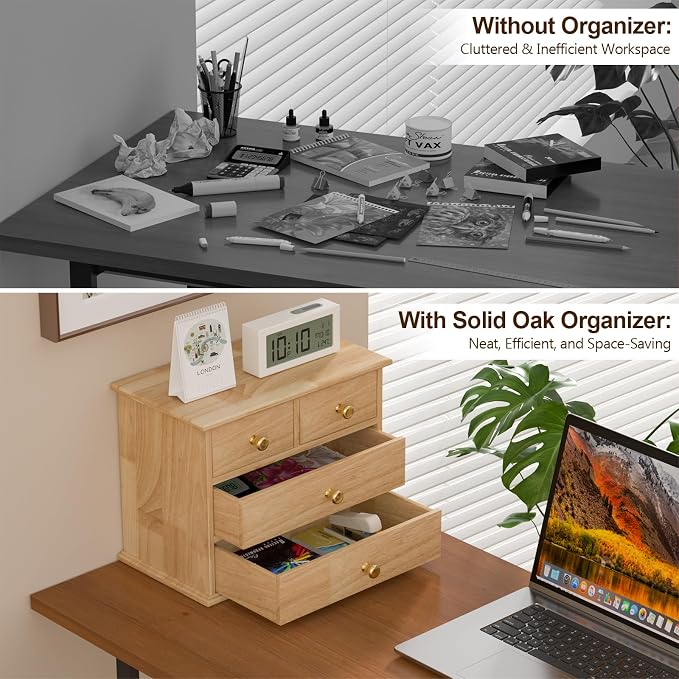 Oak Desk Organizer with Drawers, Durable Wooden Desktop Storage Box with Metal - Image 5