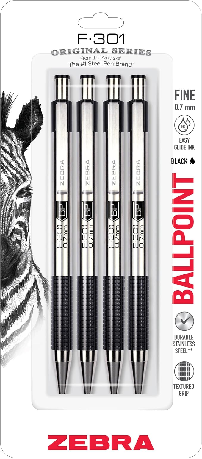 Zebra Pen F-301 Ballpoint Black Ink Fine Point 0.7mm Pen, Easy-Glide Ink by ZebraPen