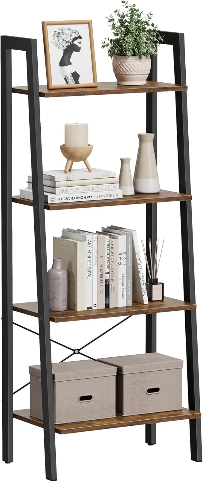 VASAGLE Ladder Shelf, 4-Tier Bookshelf, Storage Rack, Bookcase with Steel Frame, for Living Room, Home Office, Kitchen, Bedroom, Industrial Style, Rustic Brown and Ink Black ULLS44X-DeskLoop Office