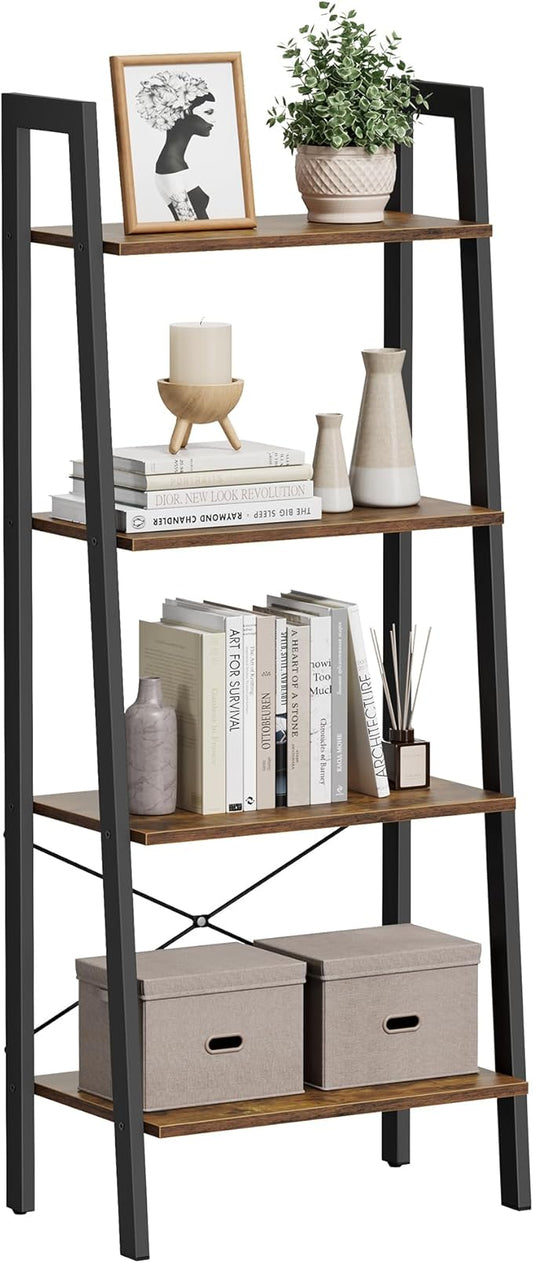 VASAGLE Ladder Shelf, 4-Tier Bookshelf, Storage Rack, Bookcase with Steel Frame, for Living Room, Home Office, Kitchen, Bedroom, Industrial Style, Rustic Brown and Ink Black ULLS44X-DeskLoop Office