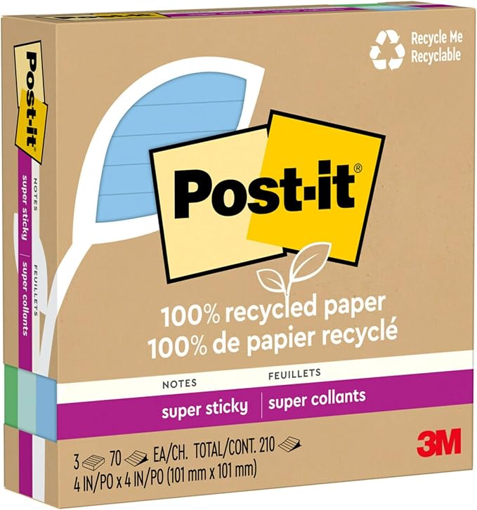 Post-it 100% Recycled Paper Super Sticky Notes, 2X The Sticking Power, 4x4 in - Image 10