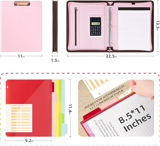 Ospelelf Pink Leather Portfolio Binder 3 Ring, Zippered Clipboard Folder - Image 2