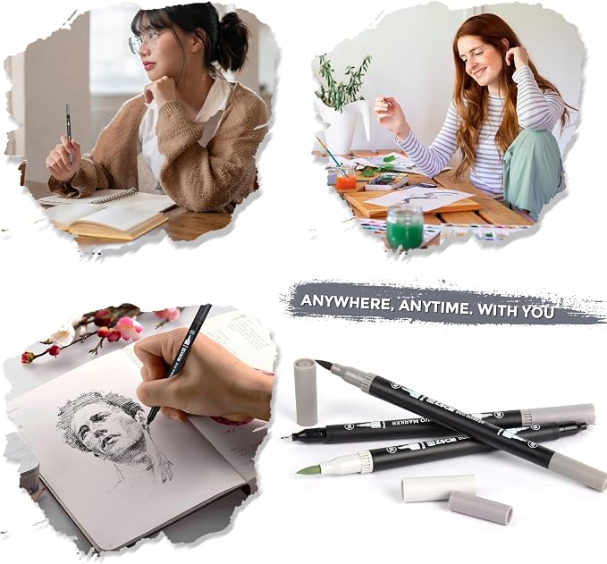 ZSCM Gray Duo Tip Marker Pens, 12 Pack Fine & Brush Markers - Image 7