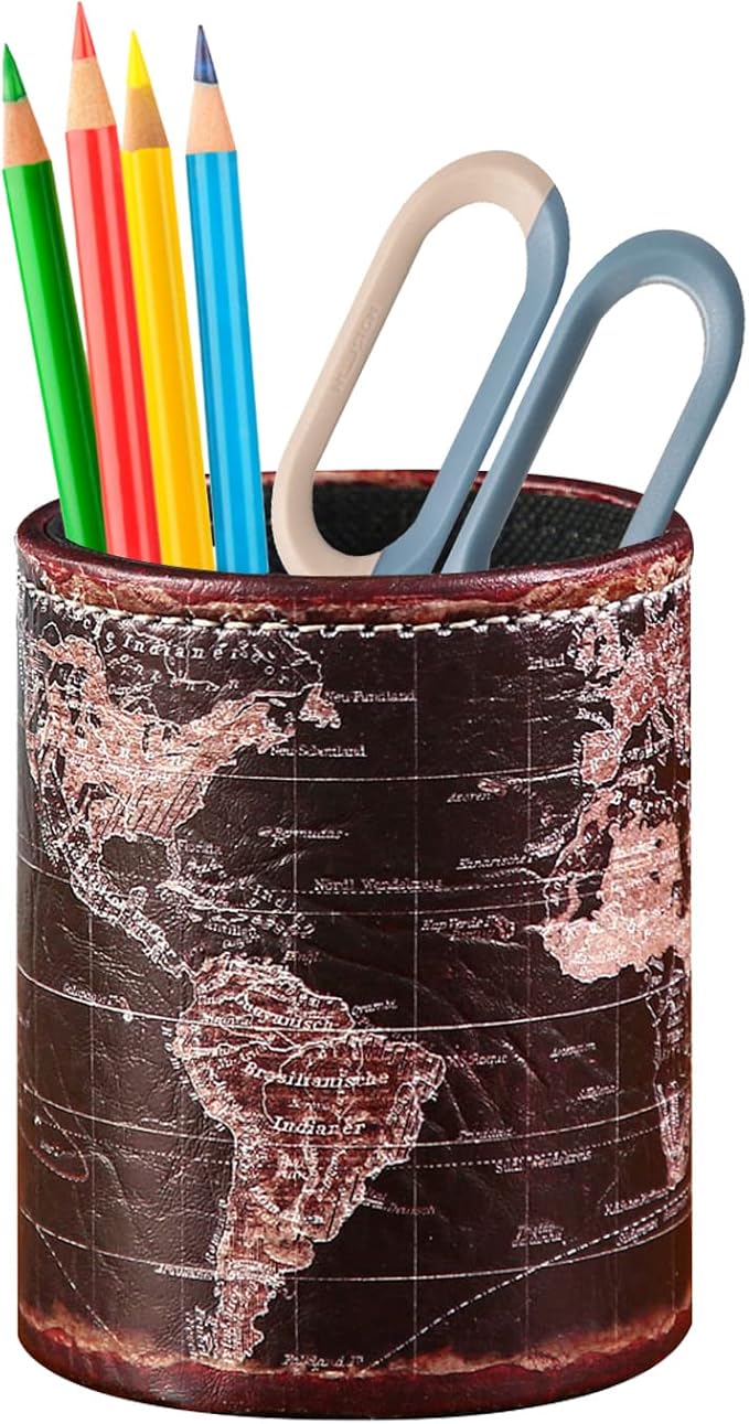 Black World Map Pencil Holder for Desk, PU leather Pencil Cup, Globe Pen Holder for Desk Office Supply Organizer PH46-DeskLoop Office