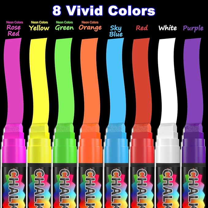 FansArriche Liquid Chalk Markers, 15mm Jumbo Car Window Markers, 8 Pack Erasable Neon Chalk Pens for Chalkboard, Blackboard, Glass, Signs, 3-in-1 Nib-DeskLoop Office
