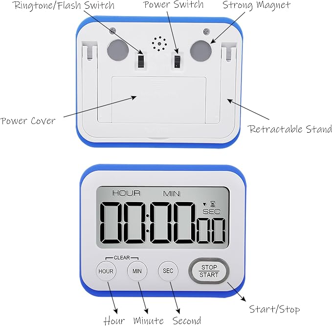 Digital Kitchen Timer Magnetic Loud Alarm, Large LCD Screen Silent/Beeping - Image 4