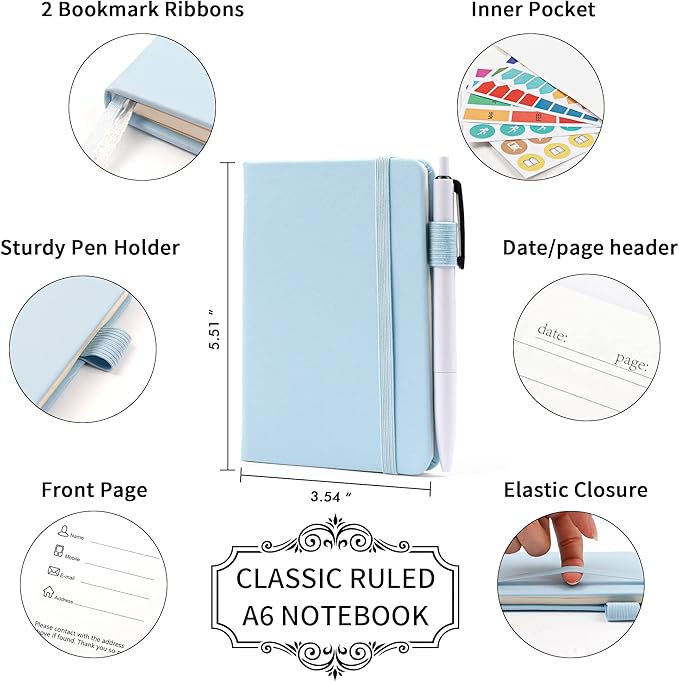 feela 6 Pack Pocket Small Notebooks Bulk, Mini Cute Memo Notepads Hardcover College Ruled Lined Journals with Pen Holder for Women Girls Office School, with 6 Black Pens, 3.5”x 5.5”, A6, Light Blue-DeskLoop Office