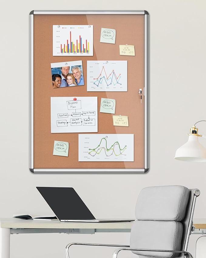 38"x28" Enclosed Bulletin Board, Lockable Weather-Resistant Aluminum Cork Noticeboard for School & Office, Silver Frame w/Cork-DeskLoop Office
