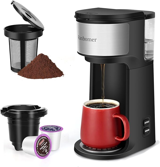 K Cup Coffee Maker, Single Serve coffee machine or Ground Coffee Machine 2 in 1, 6 to 14 Oz Brew Sizes, Mini One Cup Coffee Maker with Self cleaning Function, Fits Travel Mug, Black-DeskLoop Office