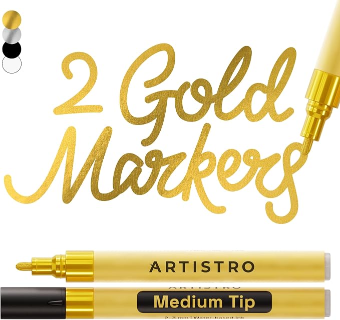 ARTISTRO 2 Gold Acrylic Paint Markers - 3mm Medium-Tip Paint Pens - Perfect by ARTISTRO