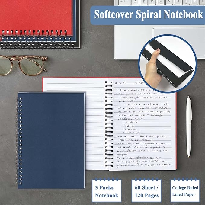 GINMLYDA 3Pack Small Spiral Notebook A5, 8.25x5.5” 120 Lined Pages Wide Ruled Spiral Journal Bulk Blank Kraft Cover Spiral Bound Notebook & Writing Pads for Home Office Meeting Work Note Taking-DeskLoop Office
