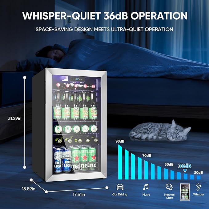 120 Can Beverage Refrigerator – Mini Fridge with Glass Door for Soda Beer or Wine, Beverage Cooler for Bedroom, Office, Bar with Adjustable Shelves & Digital Temperature Display, Silver-DeskLoop Office