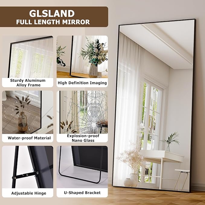 GLSLAND 76"x34" Full Length Mirror Extra Large Hanging or Leaning Rectangle Mirror Aluminum Alloy Thin Frame Bedroom Floor Dressing,Black-DeskLoop Office