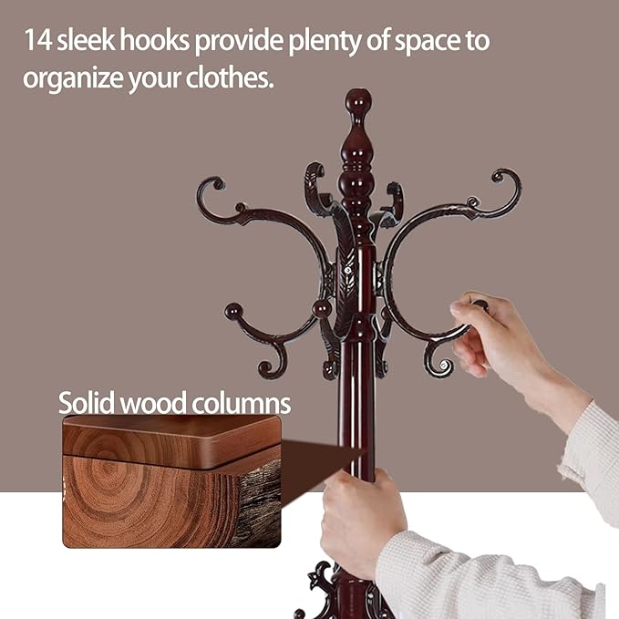 Wooden Coat Racks, Retro 78" Coat Tree with 14 Hooks & Stable Triangular Base, Entryway Coat Rack Freestanding for Hat, Clothes, Scarves, Handbags, Umbrella (Mahogany)-DeskLoop Office