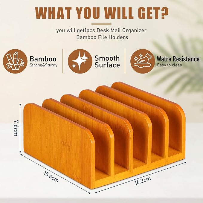Lineshading Bamboo Letter Organizer, 5 Compartments Desk Mail Organizer - Image 4