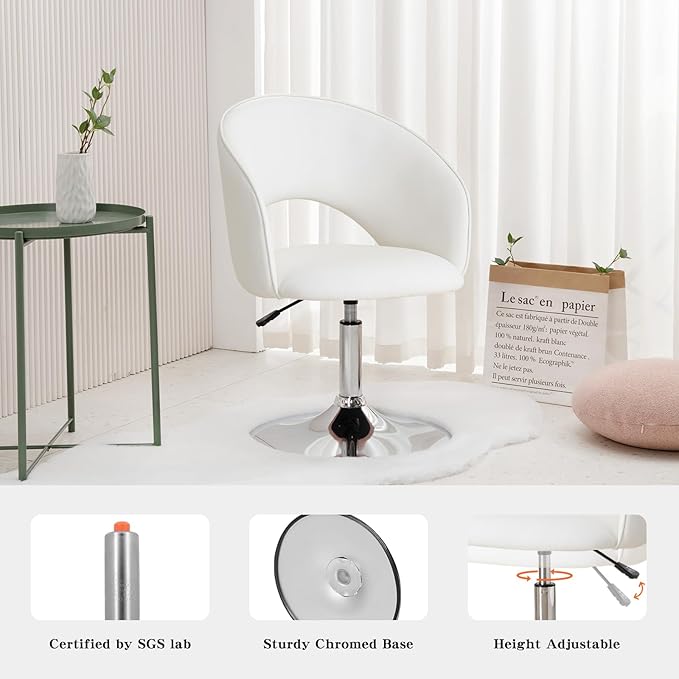 Furnimart Vanity Chair White Leather Vanity Stool, Height Adjustable Accent Chair with Back, Round Swivel Makeup Chair for Living Room Bedroom Vanity Makeup Room (PU White)-DeskLoop Office