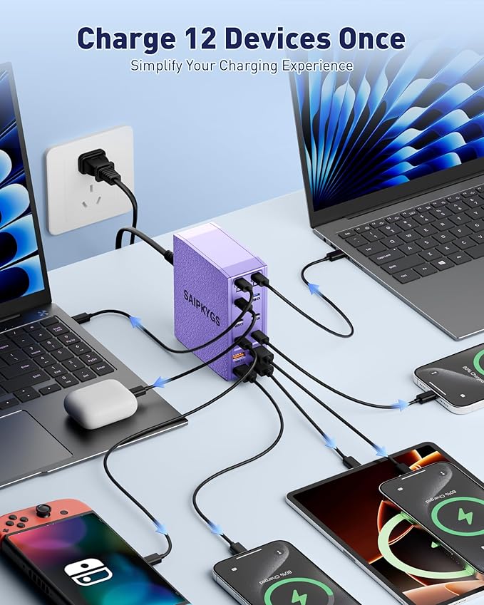 Charging Station (600W),12-Port USB C Charger Block with Dual 100W PD USB-C Fast Charging Station Hub for MacBook Pro/Air/All iPad iPhone 17/16 15/14/13/Pro Max/Samsung Galaxy Note(Purple)-DeskLoop Office