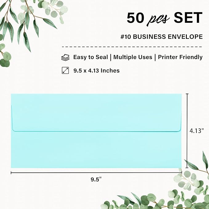 50 Pack #10 Business Envelopes, Self Seal Standard Light Blue Envelopes - Image 2