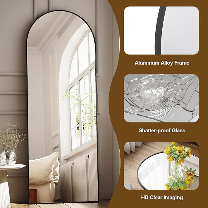Full Body Mirror 26x71 inch Arched Full Length Mirror with Stand Aluminum Wall Mounted Hanging or Leaning Standing Mirrors,Black-DeskLoop Office