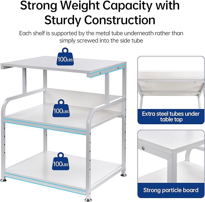 White Printer Stand, 23.6 x18.9 x 30 Inches Big Size Printer Table with Adjustable Shelf, 3 Tier Rolling Printer Cart with Wheels for Home Office Storage and Organization-DeskLoop Office