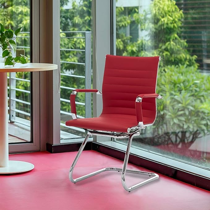Office Desk Chair No Wheels Set of 6 PU Leather Computer Chairs Mid Back Guest Chairs for School Reception Conference Waiting Room, Deep Red-DeskLoop Office