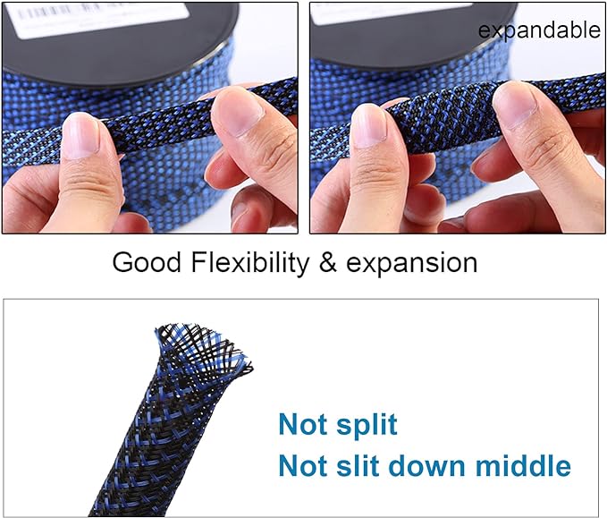 25ft - 1/2 inch PET Expandable Braided Sleeving – BlackBlue – Alex Tech Braided - Image 5