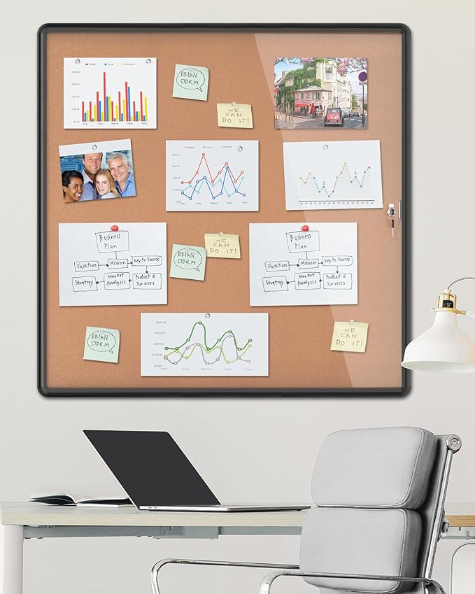 38"x38" Enclosed Bulletin Board, Lockable Weather-Resistant Aluminum Cork Noticeboard for School & Office Hospital, Black Frame w/Cork-DeskLoop Office