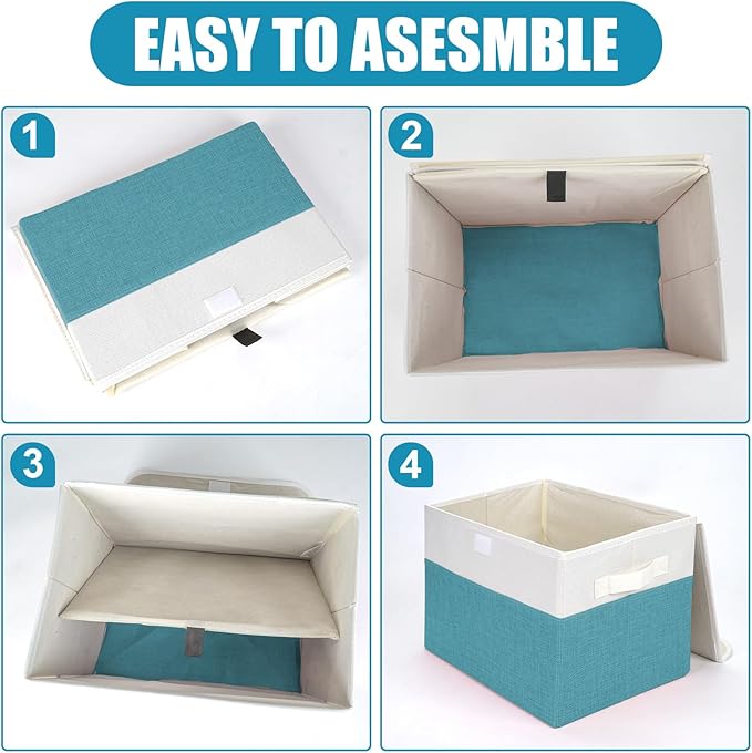 Large 22 Quart Linen Fabric Foldable Storage Bin Cube Organizer Basket with Flip-Top Lid & Handles, Clothes Blanket Box for Home, Office, Closet, Teal & White, 4 Pack 14.6 x 9.5 x 9.5-DeskLoop Office
