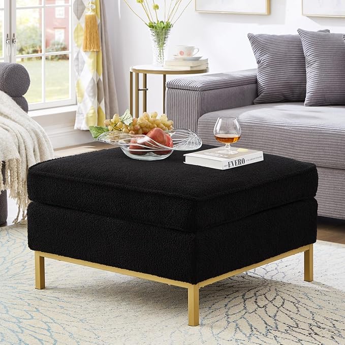 24KF Large Square Couch Ottoman for Living Room, Upholstered Teddy Fabric Padded Cushion Ottoman Table,Large Foot Rest,5088-Teddy Black-DeskLoop Office